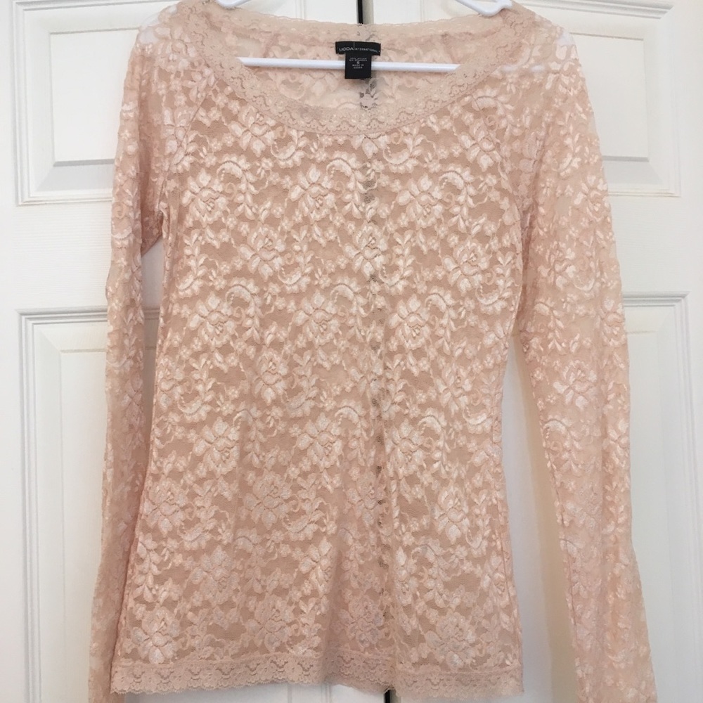 Blush lace long-sleeve shirt.